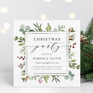 Elegant Botanical Christmas Party Square Green Invitation