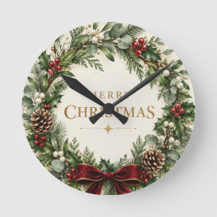 Elegant Botanical Christmas, Vintage Greenery Round Clock