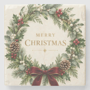 Elegant Botanical Christmas, Vintage Greenery Stone Coaster