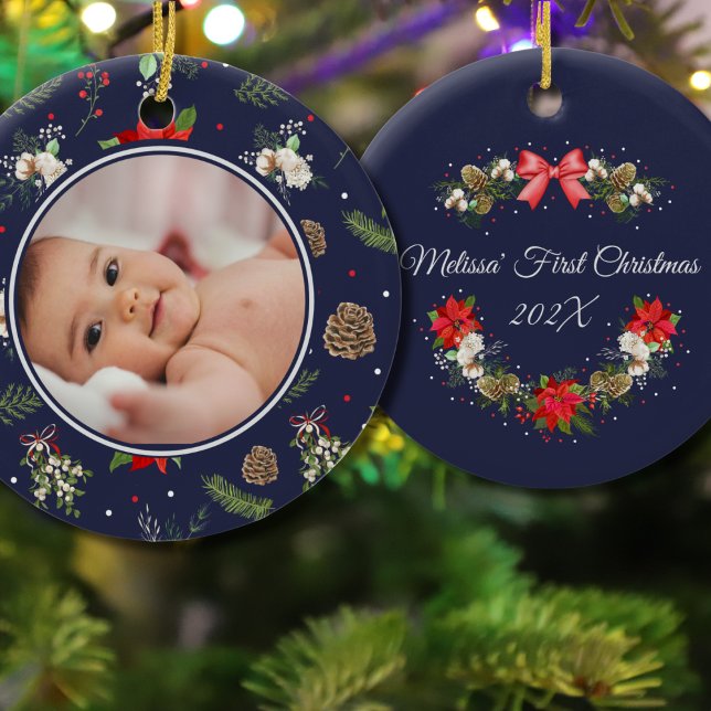 Elegant Botanical Christmas Wreath First Christmas Ceramic Ornament (Creator Uploaded)