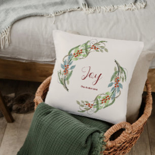 Elegant Botanical Christmas Wreath Joy Family Name Cushion