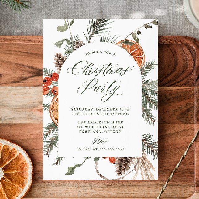 Elegant Botanical Citrus Arch Christmas Party Invitation (Creator Uploaded)