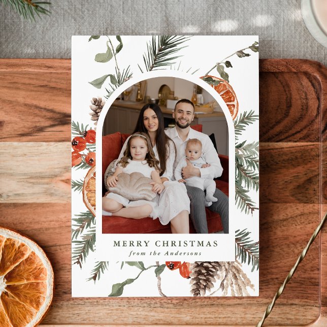Elegant Botanical Citrus Arch Photo Holiday Card (Creator Uploaded)