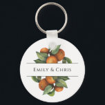 Elegant Botanical Citrus Greenery Key Ring<br><div class="desc">Pretty,  elegant,  modern and bohemian personalised and custom wedding button keychain for your special occasion! The design matches with the rest of the Orange Leaf Foliage Collection. Watercolor orange fruit with dark and light green leaves leaf foliage side border frames the top and bottom of your names.</div>