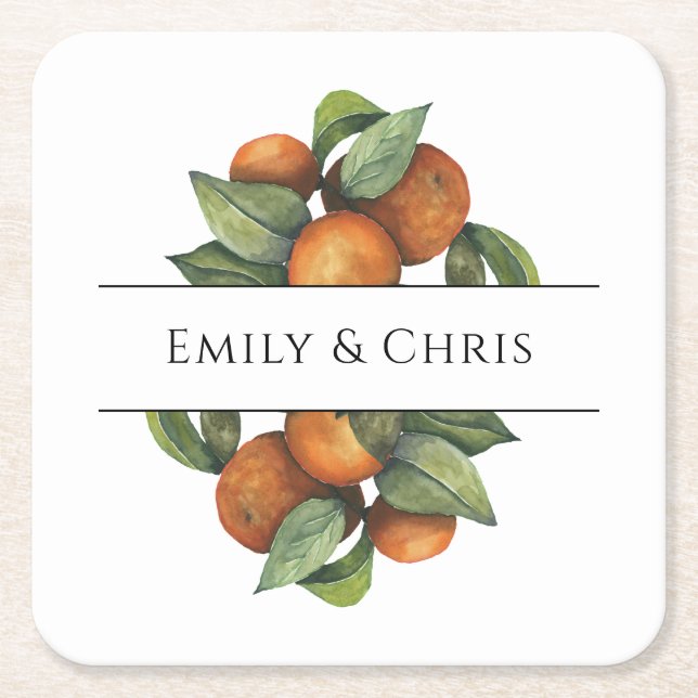 Elegant Botanical Citrus Greenery Square Paper Coaster (Front)