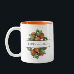 Elegant Botanical Citrus Greenery Two-Tone Coffee Mug<br><div class="desc">Pretty,  elegant,  modern and bohemian personalised and custom wedding Two-Tone Coffee Mug for your special occasion! The design matches with the rest of the Orange Leaf Foliage Collection. Watercolor orange fruit with dark and light green leaves leaf foliage side border frames the top and bottom of your names.</div>