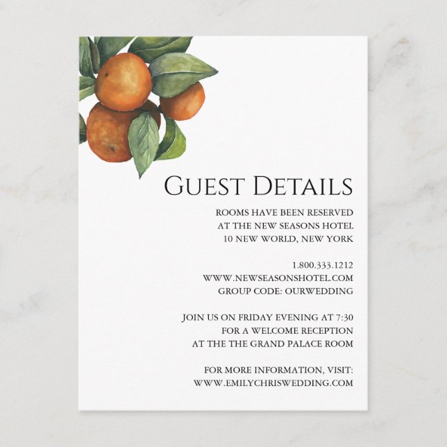 Elegant Botanical Citrus Greenery Wedding Enclosure Card (Front)