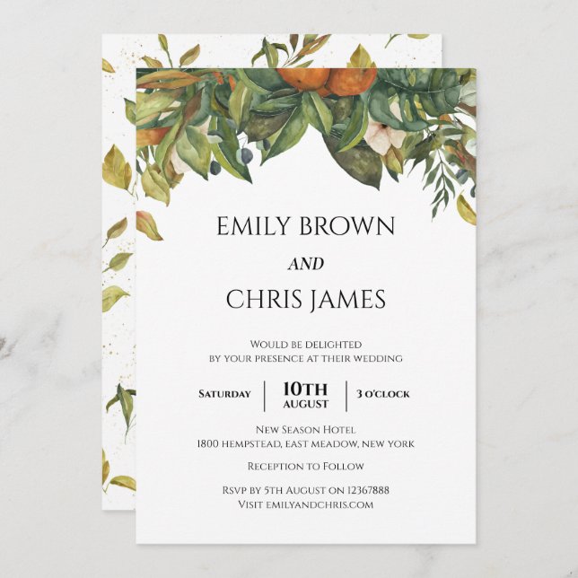 Elegant Botanical Citrus Greenery Wedding Invitation (Front/Back)