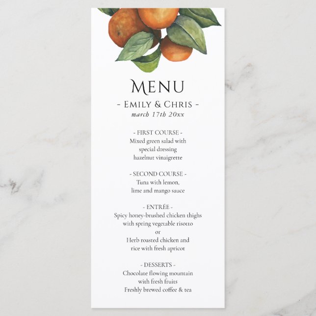 Elegant Botanical Citrus Greenery Wedding Menu (Front)
