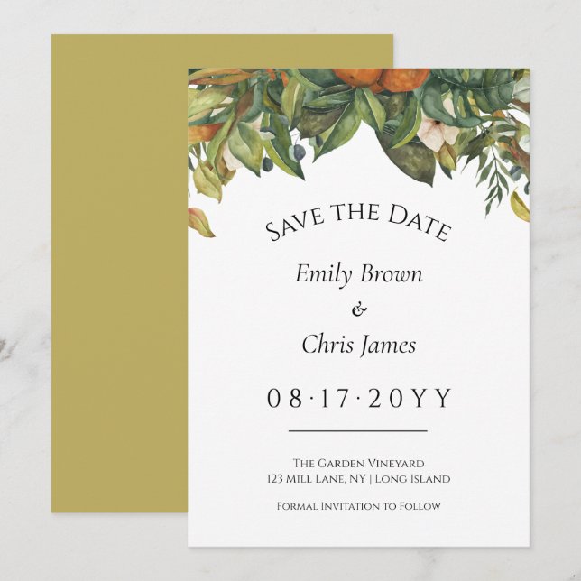 Elegant Botanical Citrus Greenery Wedding Save The Date (Front/Back)
