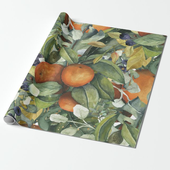 Elegant Botanical Citrus Greenery Wrapping Paper (Unrolled)