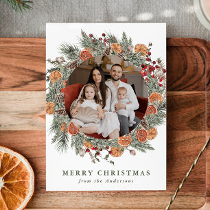 Elegant Botanical Citrus Wreath Photo Holiday Card