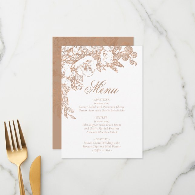 Elegant Botanical | Copper Rose Gold Floral Menu (Front/Back In Situ)