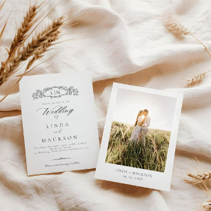 Elegant botanical crest monogram Photo Wedding Invitation