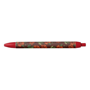 Elegant Botanical Crimson Poppies Black Ink Pen