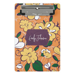 Elegant Botanical Custom Name Orange White Floral Mini Clipboard
