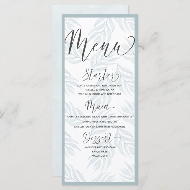 Elegant Botanical Dusty Blue Watercolor Wedding  Menu (Front/Back)