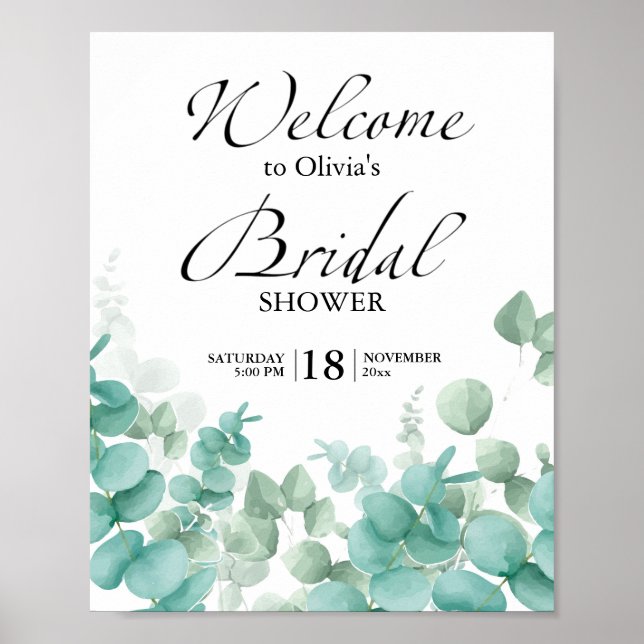 Elegant Botanical Eucalyptus Bridal Shower Welcome Poster (Front)
