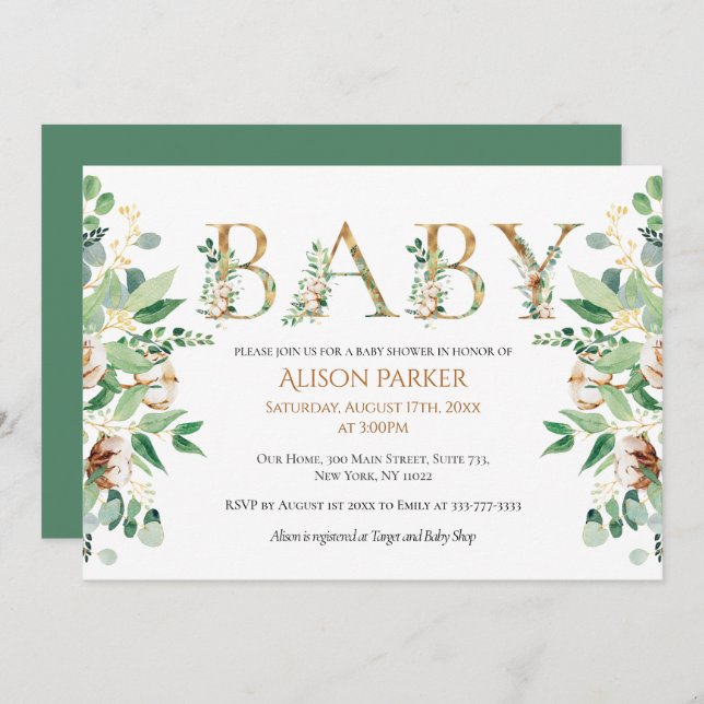 Elegant Botanical Eucalyptus Gold Baby Shower Invitation (Front/Back)