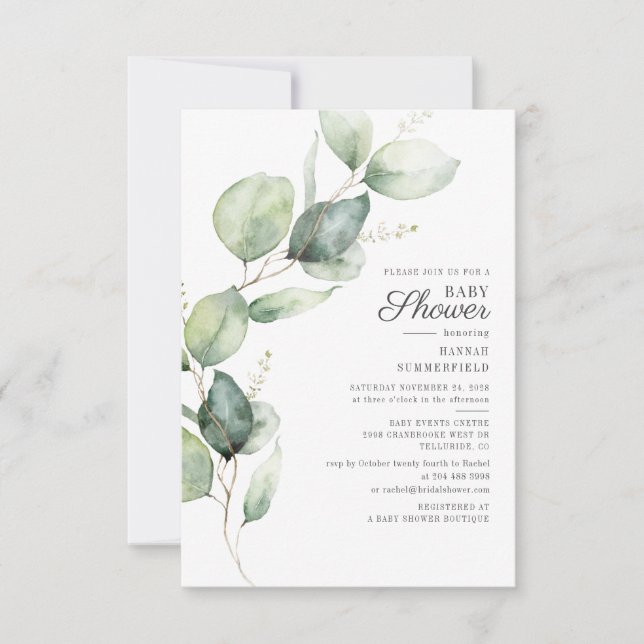 Elegant Botanical Eucalyptus Greenery Baby Shower Invitation (Front)