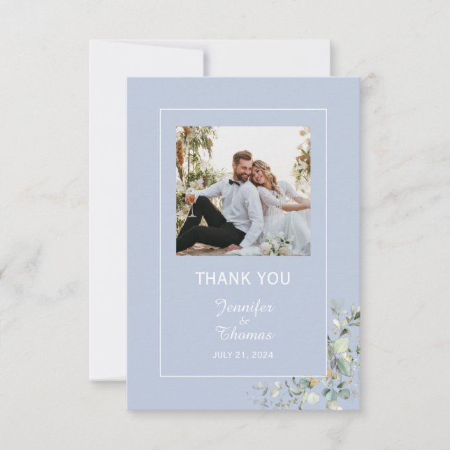 Elegant Botanical Eucalyptus Greenery Blue Thank You Card (Front)