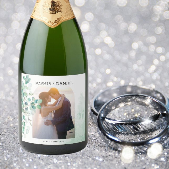 Elegant Botanical Eucalyptus Leaves Photo Wedding Sparkling Wine Label (Creator Uploaded)