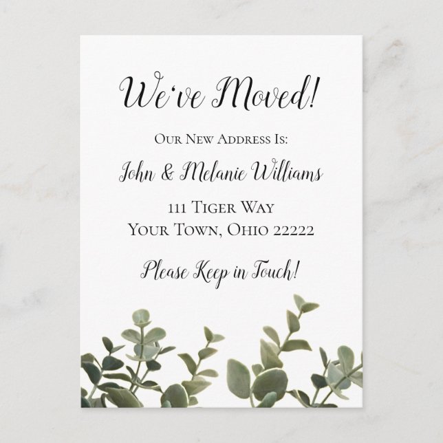 Elegant Botanical Eucalyptus New Home We've Moved Announcement Postcard (Front)