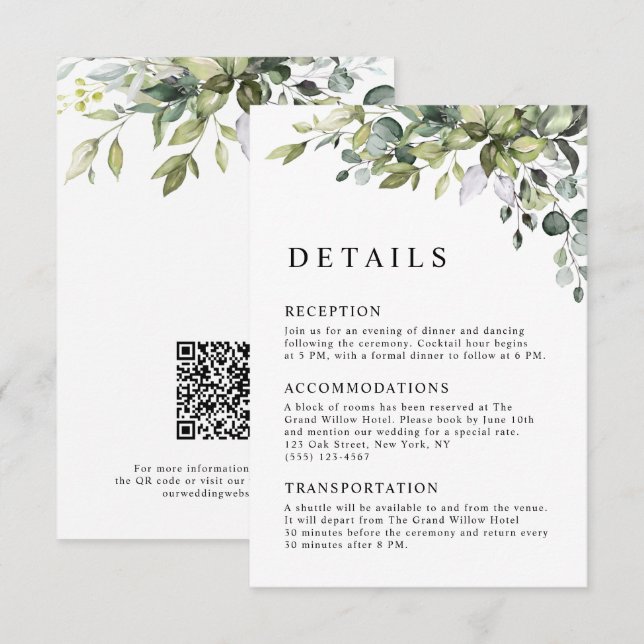 Elegant Botanical Eucalyptus QR Code Wedding Enclosure Card (Front/Back)
