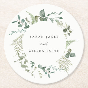 Elegant Botanical Eucalyptus Watercolor Wedding Round Paper Coaster