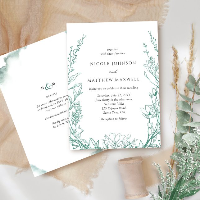 Elegant Botanical Floral All in One Green Wedding Invitation (Creator Uploaded)