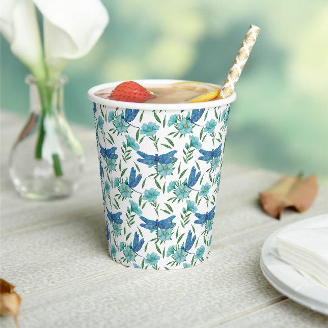 Elegant botanical floral and blue dragonfly paper cups (Insitu)