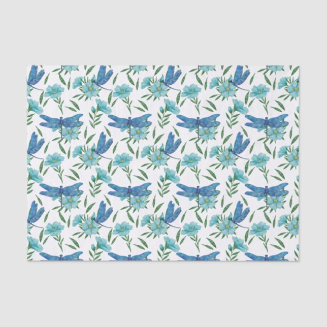 Elegant botanical floral and blue dragonfly tissue paper (Front)