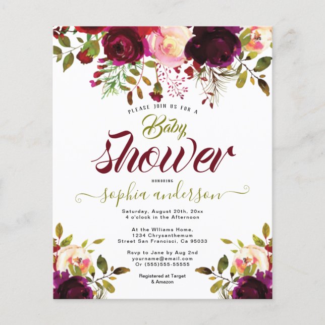 Elegant Botanical Floral Burgundy baby shower Girl Flyer (Front)