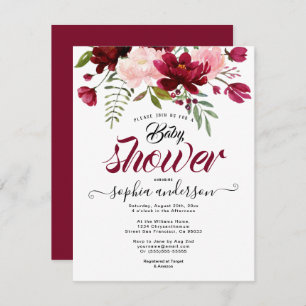 Elegant Botanical Floral Burgundy baby shower Girl Invitation