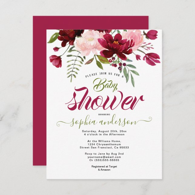 Elegant Botanical Floral Burgundy baby shower Girl Invitation (Front/Back)