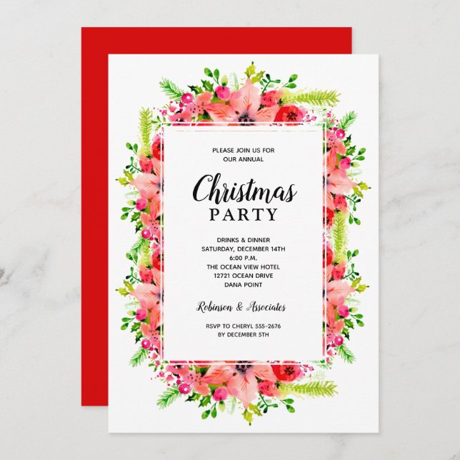Elegant Botanical Floral Christmas Party Invitation (Front/Back)
