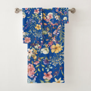 Elegant Botanical Floral Cobalt Blue Background Bath Towel Set