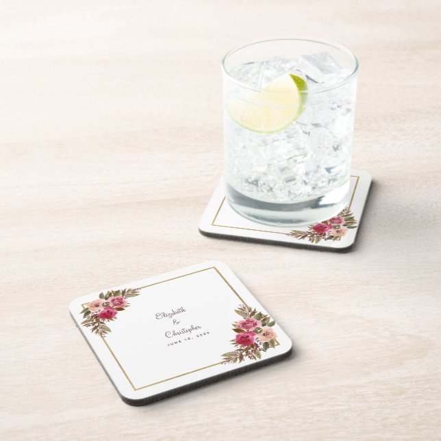 Elegant Botanical Floral Gold Wedding Couple Names Coaster (Right Side)