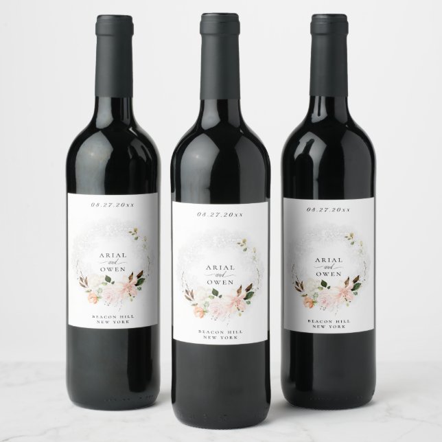 Elegant Botanical Floral Lace Frame Wedding Wine Label (Bottles)