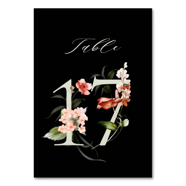 Elegant Botanical Floral Number 17, Black Table Number (Front)
