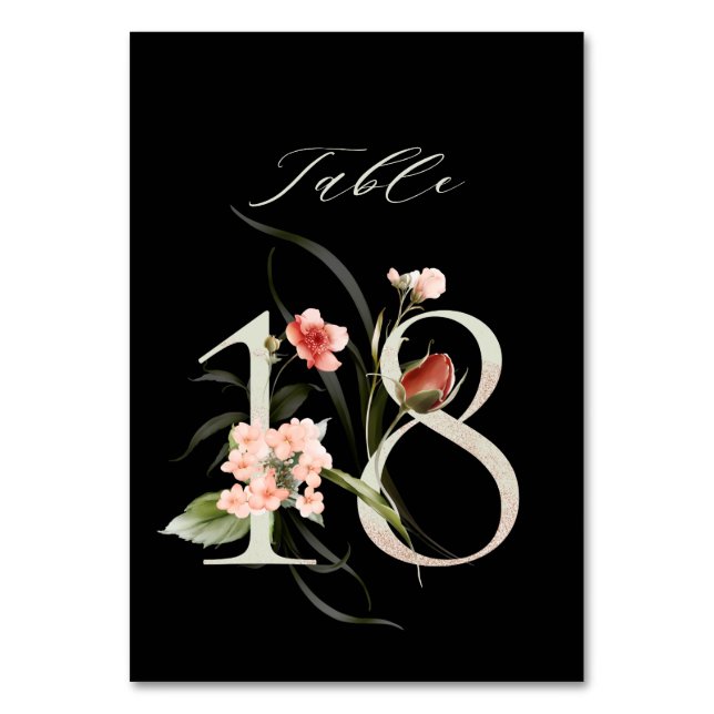 Elegant Botanical Floral Number 18, Black  Table Number (Front)