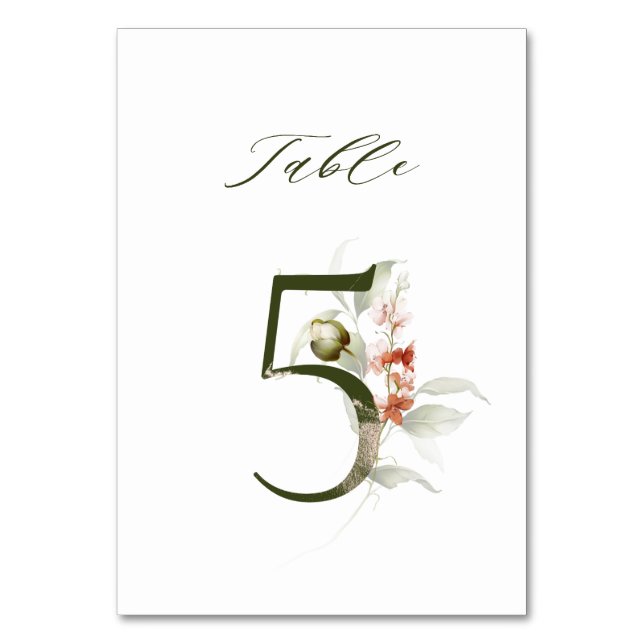 Elegant Botanical Floral Number 5,  Table Number (Front)