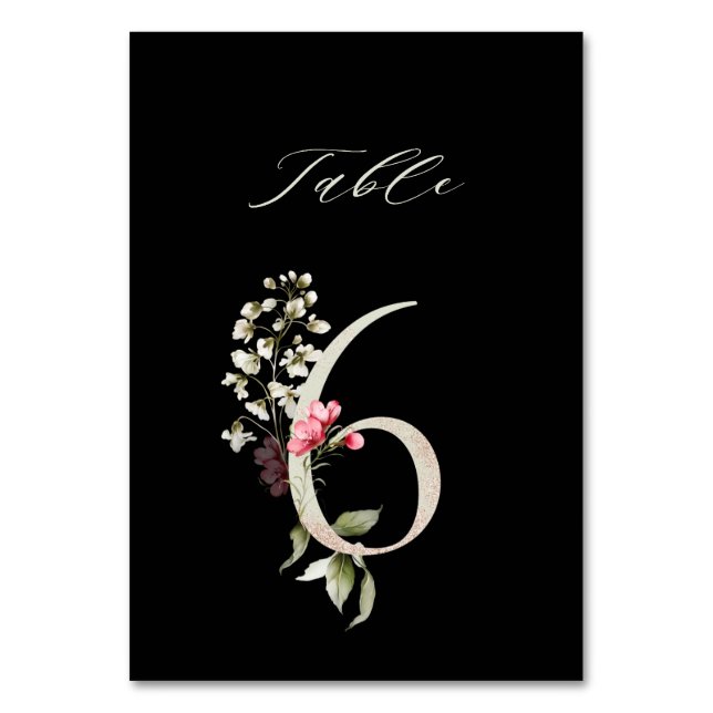 Elegant Botanical Floral Number 6, Black Table Number (Front)