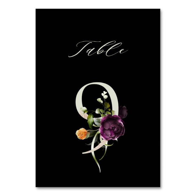 Elegant Botanical Floral Number 9, Black Table Number (Front)