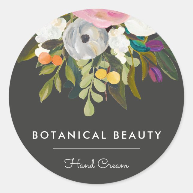 Elegant Botanical Floral Product Business | Black Classic Round Sticker (Front)