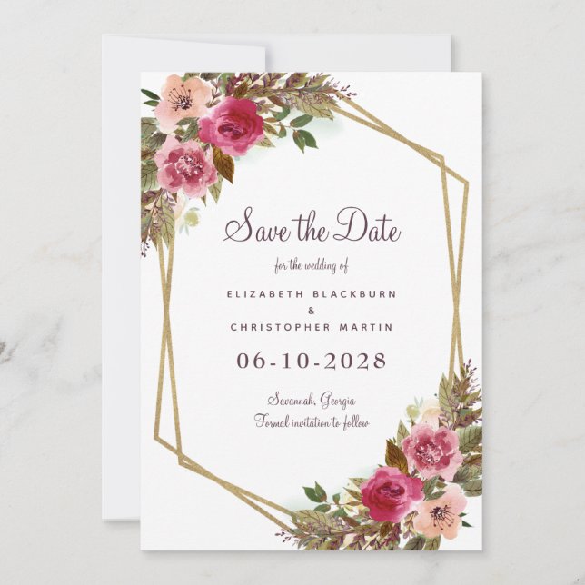 Elegant Botanical Floral Wedding Greenery Purple   Save The Date (Front)