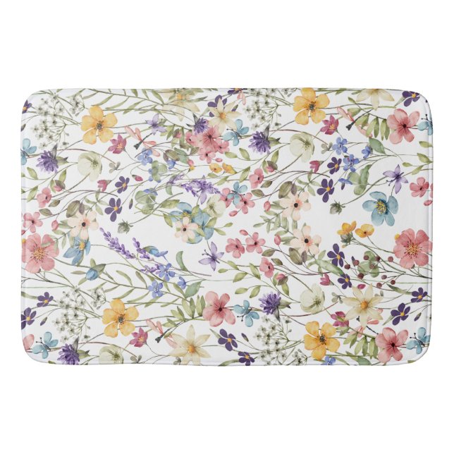 Elegant Botanical Floral White Bathmat (Front)