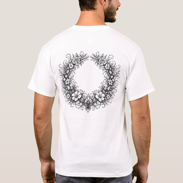Elegant Botanical Floral Wreath Line Art T-Shirt (Back)