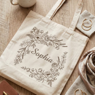 Elegant Botanical Floral Wreath Monogram Name Tote Bag