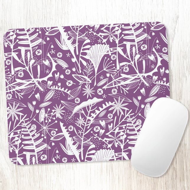 Elegant Botanical Folage Purple Mouse Pad (Purple and white botanical pattern mousemat)